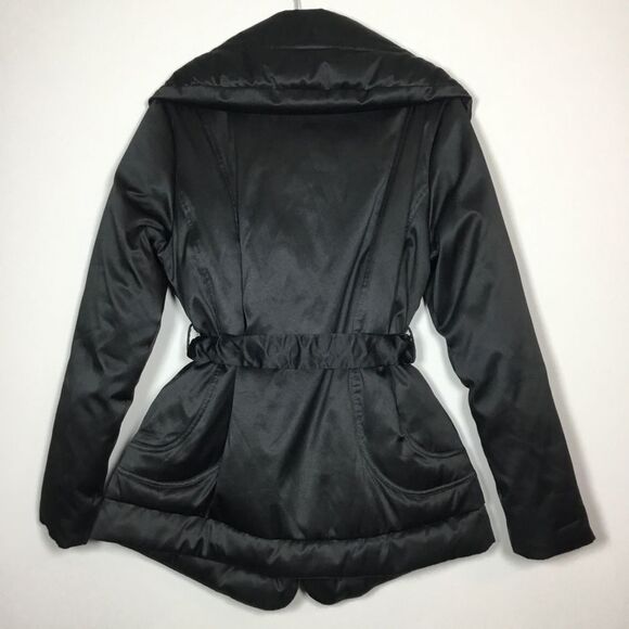 Ellie Tahari black shiny coat oversized collar belt polyester/down/feather sz M - Picture 4 of 10